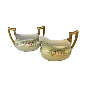 Paul Muller Porcelain Vintage Open Sugar and Creamer Hand Painted Gold Handles